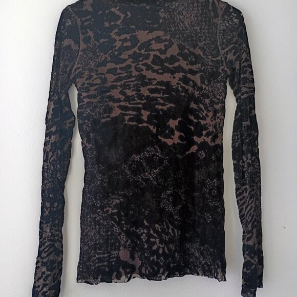 FUZZI Long Sleeve Velvet Sheer Black Burnout Mesh Designer Top Blouse | Size M - Picture 2 of 6